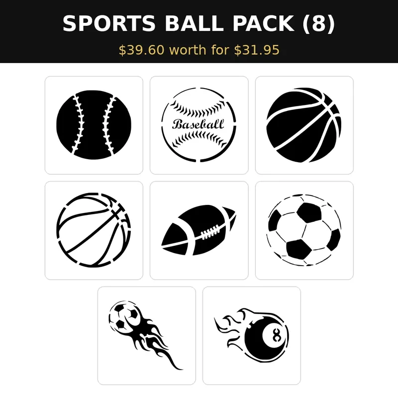 MR. HAIR ART STENCIL - SPORTS BALL PACK (8 Stencils)